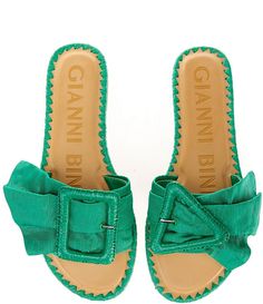 Colorful Slides Shoes, Green Flats Sandals, Summer Slides, Summer Elegance, Jeweled Shoes, Green Sandals, Buckled Flats, Sandals Outfit, Gianni Bini Shoes