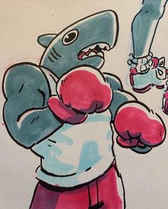 a drawing of a shark with boxing gloves on