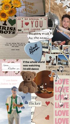 the collage has many different pictures and words on it, including a teddy bear