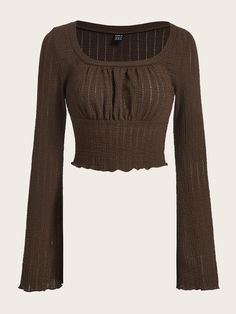 Coffee Brown Casual Collar Long Sleeve Knitted Fabric Plain  Embellished Slight Stretch  Women Tops, Blouses & Tee Brown Outfit, 2000s Fashion Outfits, Flounce Sleeve, Swaggy Outfits, Mode Inspo, Women T Shirts, Really Cute Outfits, 2000s Fashion, Mode Inspiration