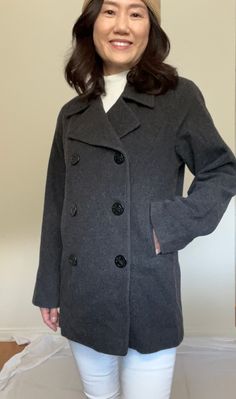 A classy wool Peacoat    Vintage fashion at best! Timeless staple piece! Brand: J.Percy Material: Outer Merino wool 100%                  Lining acetate                 Color: charcoal grey  with black anchor  buttons Size: US 4/IT 40          Length 32"          Under arm to under arm  20.5"          Shoulder to shoulder 15" Double button Two outer pockets Condition: Excellent vintage, comes from smoke/pet free home Gray Wool Coat With Button Closure, Double-breasted Wool Outerwear For Career, Fall Button-up Wool Coat, Gray Wool Pea Coat For Fall, Wool Pea Coat For Office, Wool Blazer For Career In Fall, Fall Wool Pea Coat With Buttons, Fall Career Wool Blazer, Fitted Wool Button-up Outerwear