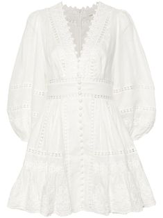 ivory white linen/flax openwork areas floral appliqué V-neck long sleeves elasticated cuffs fitted waistline pleat detailing floral lace appliqué flared hem front button fastening Cutwork Embroidery, Zimmermann Dress, Linen Mini Dress, Garden Parties, Vestido Casual, Lace Bodice, Women's Wardrobe, Emilio Pucci, Lace Mini Dress