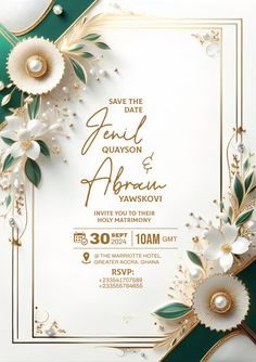 an elegant wedding card with flowers and leaves on the front, in green and gold