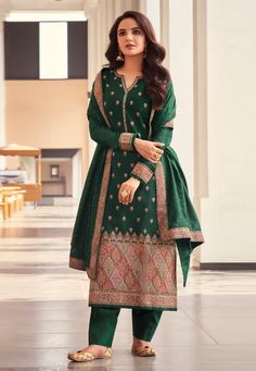 Jacquard pakistani suit in Green colour 17022  Desc:  Style : Pakistani Salwar Kameez Color : Green Fabric : Jacquard Work : Embroidery Wash Care : Dry clean Sleeve Style : Full Sleeve Long Sleeves : Done only in Custom Stitch Sleeves Lining : Done only in Custom Stitch Bust Size : 32 to 42 Inches Occasion : Temple Wear   Social Gathering   Pongal   Gudi Padwa   Onam   Ugadi. With Express Free Shipping and Custom Stitching, Buy Indian Party wedding and bridal Anarkalis Jacquard pakistani suit in Pakistani Eid Outfits, Stone Weaving, Eid Outfit, Dress Salwar Kameez, Pakistani Salwar Kameez, Designer Salwar Suits, Silk Trousers, Salwar Kameez Designs, Pakistani Suits