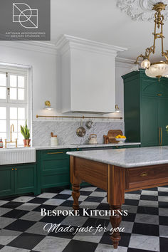 a kitchen with black and white checkered flooring, green cabinets and marble counter tops