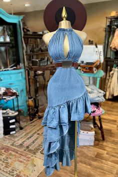 Halterneck Cutout Ruffled Asymmetrical Dress – Tilame Cute Blue Outfits, Fashion Cake, Cowgirl Dresses, Cake Skirt, Round Neck Dress, Denim On Denim, Asymmetric Dress, Casual Wear Dress, Style Upgrade