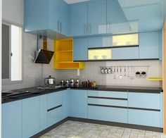 a kitchen with blue cabinets and yellow shelves on the wall, along with a tiled floor