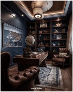 a home office with blue walls and leather chairs