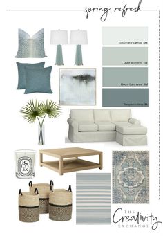 a living room with white furniture and blue accents, including pillows, lamps, rugs,