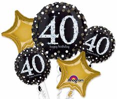 black and gold balloons with the number 40 on them