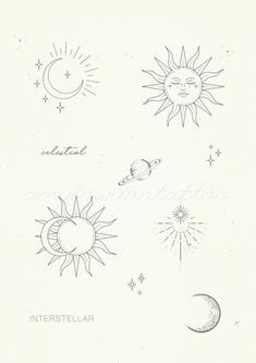 the sun, moon and stars are drawn in pencil on white paper with black ink