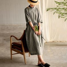 Retro Soft Breathable Solid Color Dress - Omychic Casual Long Midi Dress For Spring, Casual Gray Maxi Dress For Summer, Casual Gray Summer Dress, Casual Gray Summer Midi Dress, Casual Gray Midi Dress For Summer, Gray Long Sleeve Beach Dress, Long Sleeve Gray Beach Dress, Casual Gray Maxi Dress For Beach, Casual Gray Maxi Dress For The Beach