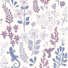 an animal and flowers pattern on a white wallpaper with blue, purple, and pink colors