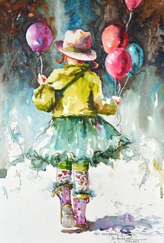 Painting Balloons, Girl Watercolor Painting, Watercolor Painting Easy, Balloon Painting, Bubble Painting, Kids Watercolor, Diy Watercolor Painting, Amazing Paintings, Party Girl