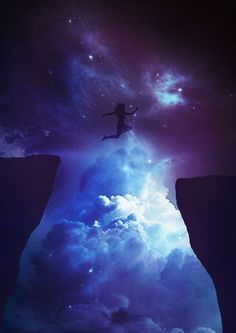 a person standing on top of a cliff under a sky filled with stars and clouds