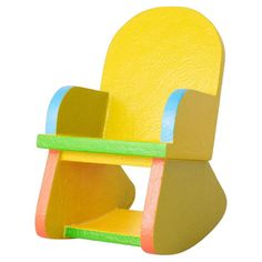 a wooden toy chair with yellow and blue trim