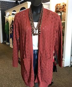 Rust Open Front Cotton  Pocketed Cardigan - Small to 3X Fall Bohemian V-neck Cardigan, Cozy V-neck Cardigan With Pockets, Woven Cardigan, Cheap Orange V-neck Cardigan, Red V-neck Cardigan With Pockets, Non-stretch V-neck Bohemian Cardigan, Pocket Cardigan, Open Weave, Long Length