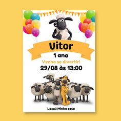 a poster for a children's birthday party with sheep and balloons in the background