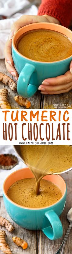 someone pouring hot chocolate into a bowl with the words turmerc hot chocolate