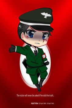 an anime character with blue eyes wearing a green uniform and pointing to the right, in front of a red background