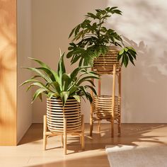 two wooden planters sitting next to each other on top of a hard wood floor