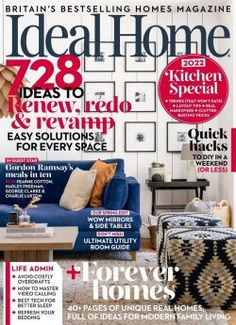 the front cover of a magazine with pictures on it and furniture in different colors, shapes and sizes