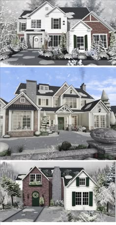 two different views of a house in the snow and one with green shutters on it