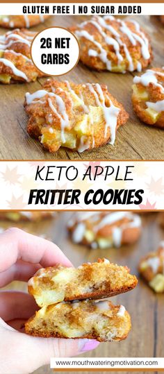 two pictures showing different types of cookies with white icing on them and the words, keto apple fritter cookies