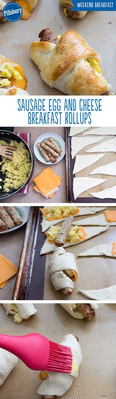 sausage, eggs and cheese breakfast rolls are shown in three different pictures with the words sausage egg and cheese breakfast rolls