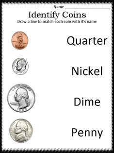 an identification card with quarters and dimes for kids to learn how to use them