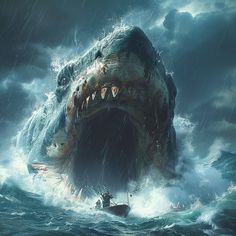 a giant shark attacking a boat in the ocean