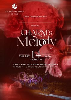 the poster for charm's melody, which features red flowers and an image of a man