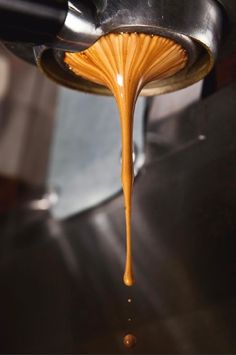 the liquid is pouring from a coffee maker into a cup that's being filled with caramel colored liquid