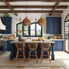 a large kitchen with blue cabinets and counter tops, an island in the middle is surrounded by stools