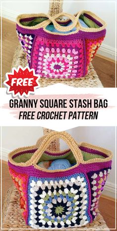 granny square stash bag with free crochet pattern on the front and side