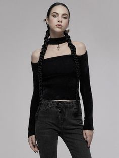 Black Gothic Off-the-Shoulder Daily Wear Sweater With Cross Pendant for Women - Devilnight.co.uk Punk Top, Pull Mohair, Gothic Pants, Punk Rave, Cold Shoulder Sweater, Alt Fashion, Mohair Sweater, Shoulder Sweater