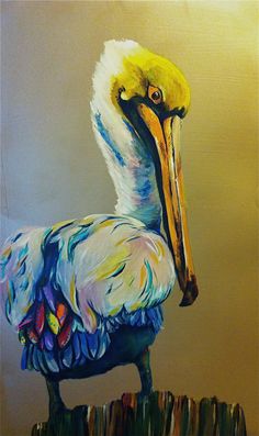 a painting of a pelican on a piece of wood