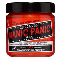 PRICES MAY VARY. Psychedelic Sunset Orange Hair Dye Color; A Radiant Fiery Orange Hair Dye That Creates The Warmest Hues In Hair; For Best Results We Recommend Lightening Hair To Light Level Eight Blonde Or Lighter Mixable Colors And Tones; MANIC PANIC Hair Colors Are Safe To Mix To Create Custom Shades Making The Possibilities Of Shades Endless; Combine Any Formula With The Pastelizer To Create Soft Trendy Pastel Hues; Ready To Use No Developer Required Semi Permanent Hair Dye; Formula Graduall Manic Panic Electric Amethyst, Manic Panic Red, Orange Hair Dye, Manic Panic Hair Dye, Neon Hair Color, Manic Panic Hair Color, Manic Panic Hair, Sunset Hair, Pink Hair Dye