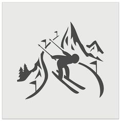 the skier is going down the mountain with his ski poles in hand silhouetted on a gray background