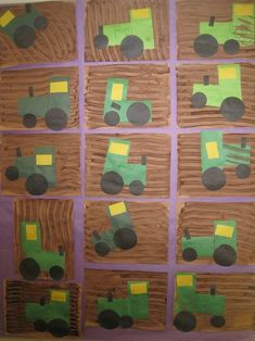 paper cut out of construction vehicles are displayed on a purple background with green and yellow squares