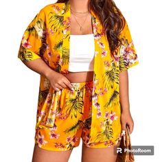 Shein Vcay Plus Tropical Print Drop Shoulder Top With Shorts - Never Worn - Brand New. Soft Material Great For Traveling. Shorts And Drop Shoulder Top (No White Tank Included). None Stretch Polyester Fabric. Tropical All Over Print 2piece Outfits Shorts, Pants Inspiration, Caribbean Outfits, Two Piece Outfits Shorts, Beach Party Outfits, Hawaii Outfits, 2piece Outfits, Drop Shoulder Top, Vacay Outfits