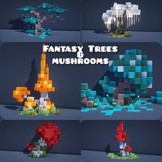 several different types of fantasy trees and mushrooms in minecraft with text that reads, fantasy trees and mushrooms