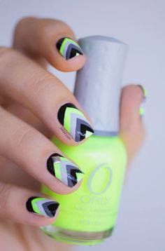 I like this, but maybe for one nail or maybe two. For more details: http://www.stylisheve.com/beauty/ Fantastic Nails, Neon Nail Polish, Chevron Nails, Geometric Nail, Neon Nails, Cute Nail Art