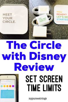 the circle with disney review set screen time limits is displayed next to an iphone and other electronics