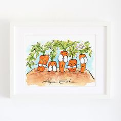 an illustration of three carrots with faces on them sitting in front of a tree