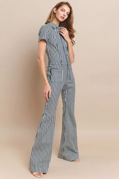 Stripped Denim Jumpsuit Short Sleeve Bell Bottom Flares Button Front Front & Back Pockets Collard Navy & Ivory Striped 35” Inseam Sizing Recommendations Small 0/2/4 Medium 4/6/8 Large 8/10/12 Chic Fitted Jumpsuits And Rompers With Vertical Stripes, Striped Fitted Jumpsuit With Short Sleeves, Striped Fitted Short Sleeve Jumpsuits And Rompers, White Fitted Denim Jumpsuit For Spring, Fitted Jumpsuits And Rompers With Vertical Stripes, Denim Jumpsuit Short, Jumpsuit Short Sleeve, Denim Short Jumpsuit, Jumpsuit Short