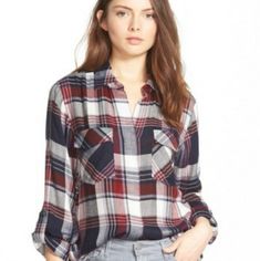 A Sheer, Floral-Lace Panel Backs A Relaxed, Button-Front Plaid Shirt For A Fresh, Feminine Twist On A Rustic Classic. Cool Zip Detailing On The Shoulders And A Long, Split Shirttail Hem Finish The Sassy Look. - Front Button Closure - Spread Collar - Chest Flap Pockets - Long Roll-Tab Sleeves - Shirttail Hem - 100% Rayon With 100% Nylon Contrast - Machine Wash Cold, Tumble Dry Low [C] Casual Plaid Top With Shirttail Hem, Plaid Button-up Blouse For Day Out, Casual Plaid Tops With Placket, Summer Button-up Flannel Shirt, Lace Balloons, Plaid Shirt Outfits, Plaid Tank Top, Floral Print Kimono, Chic Fall Outfits