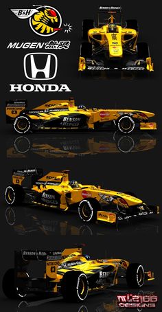 the yellow race car is shown in three different positions, including front and back views