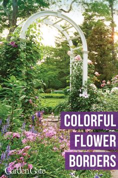 colorful flower borders in the garden with text overlay that reads, colorful flower borders