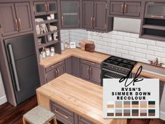 a kitchen with gray cabinets and wooden counter tops, along with a white sign that reads rvn's summer down recolour